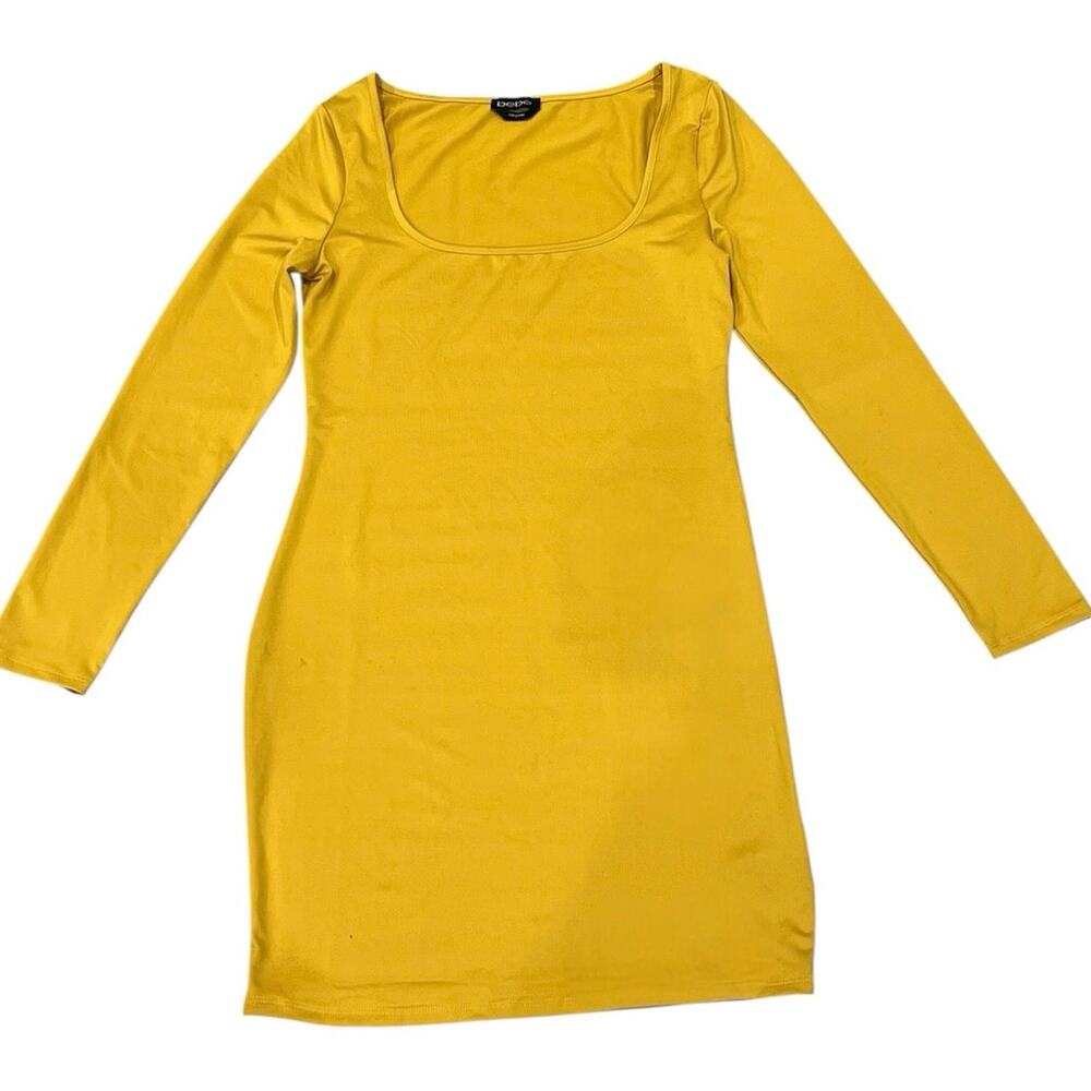 Bebe Mustard Gold Bodycon Mini Dress Y2K Club Party Long Sleeve - Picture 4 of 9